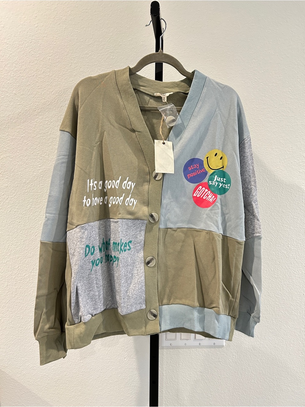 NWT Easel  patchwork graphic button-front cardigan, Size M